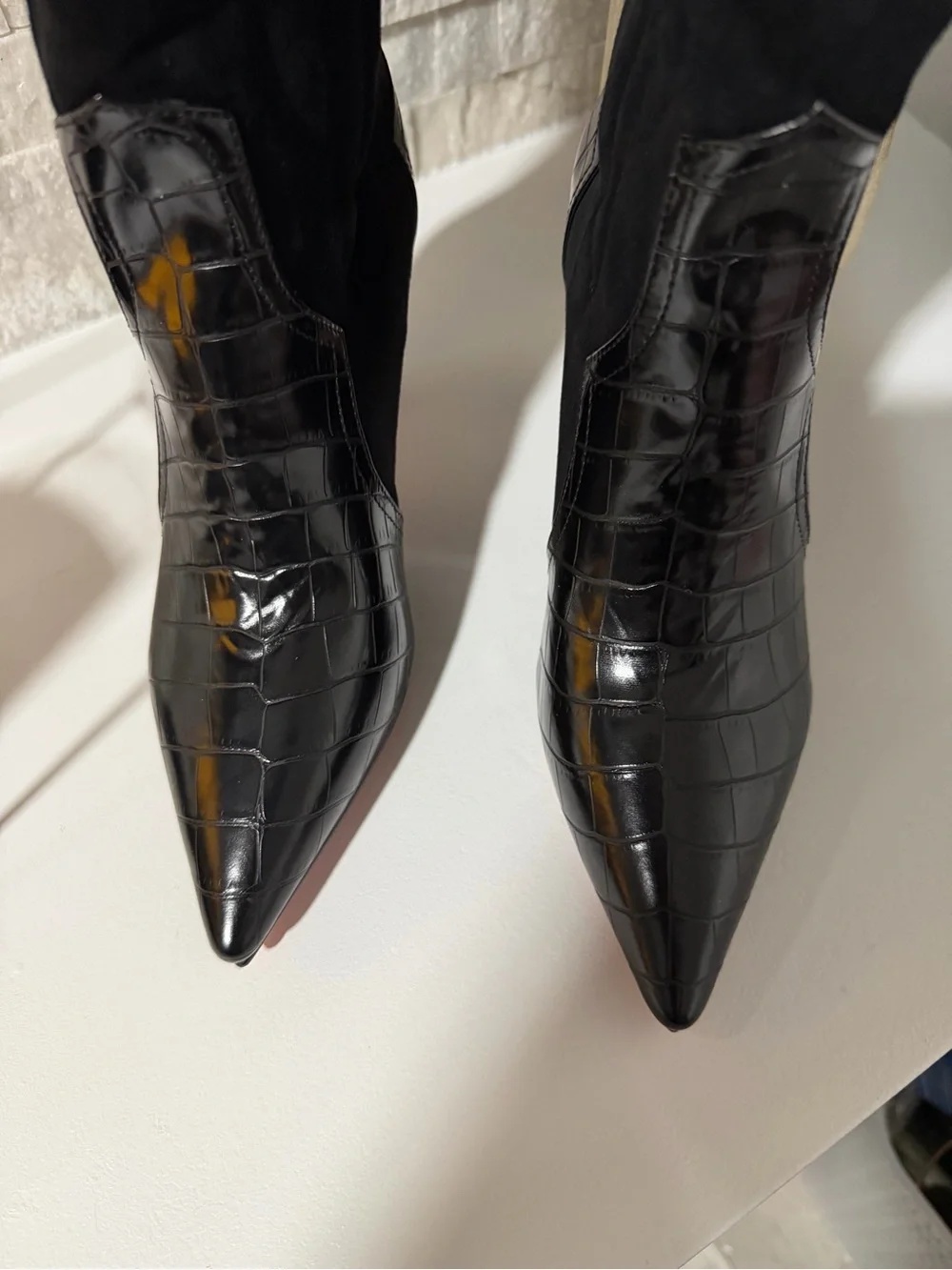 RED BOTTOM Black Over-the-Knee Pointed-Toe Boots with Croc-Texture Cap